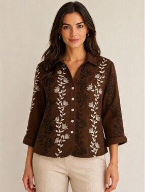 Scott Taylor Embroidered Silk Blend Brown Button Front Jacket Blouse Women's L